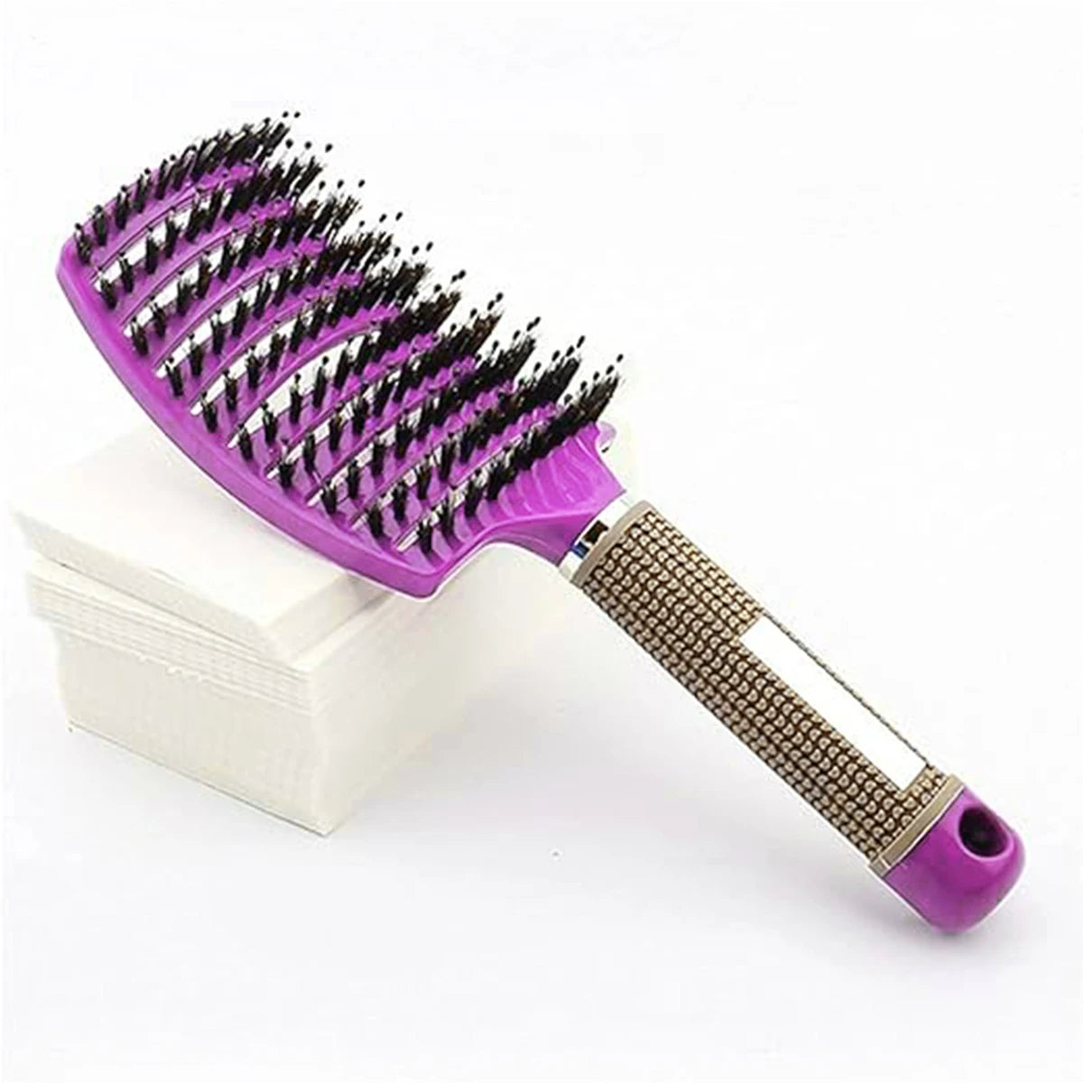 Purple detangling hairbrush with boar bristle pins, vented cushion handle
