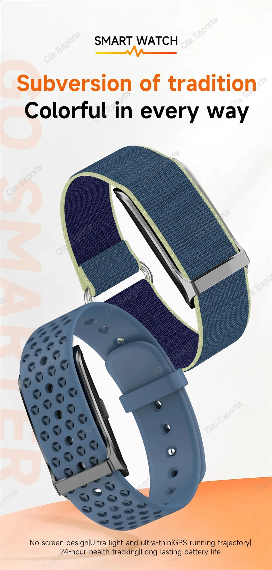 Blue fabric smart watch bracelet with dark watch module and grey perforated silicone band