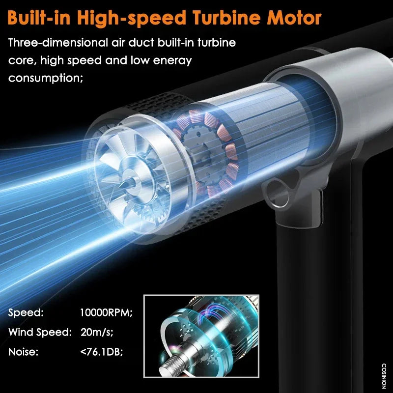 White hair dryer with internal turbine airflow light and motor housing detail