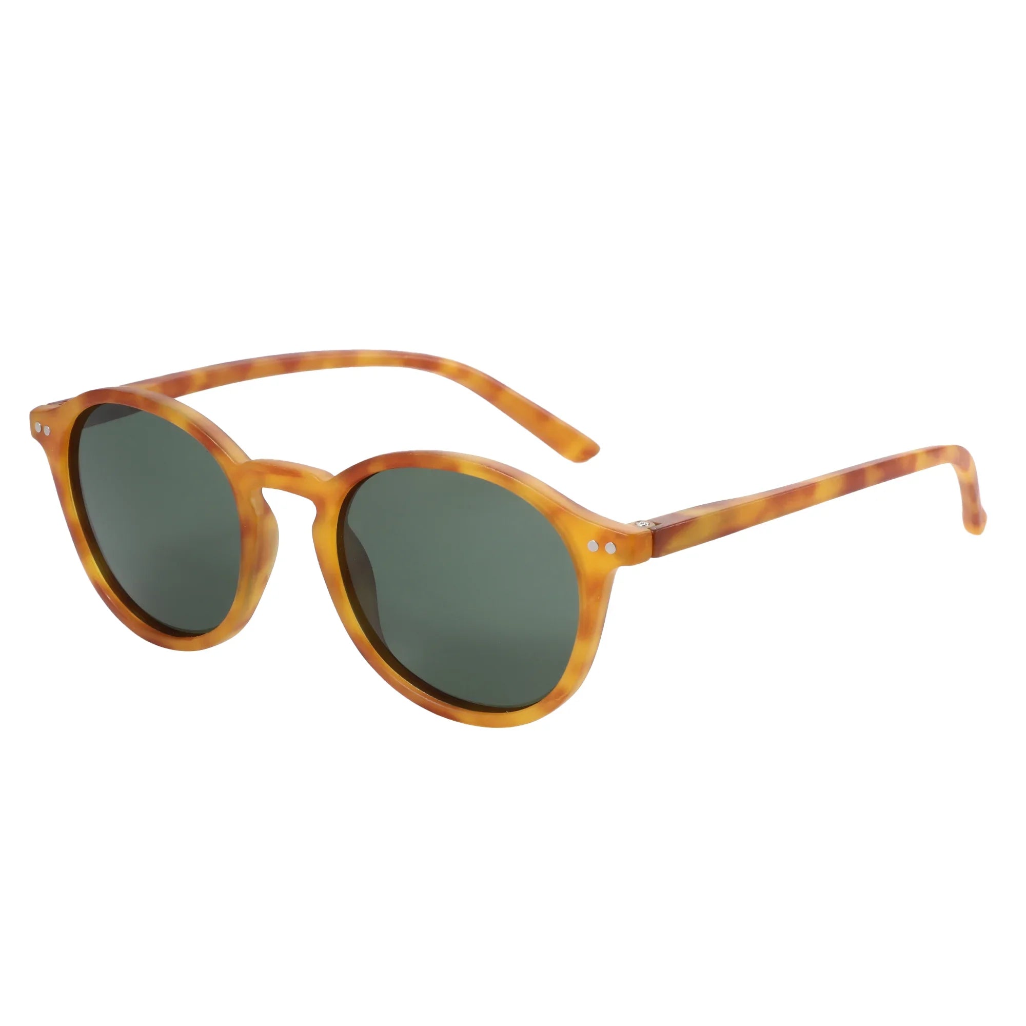 Round tortoiseshell sunglasses with green-tinted lenses and slender temples