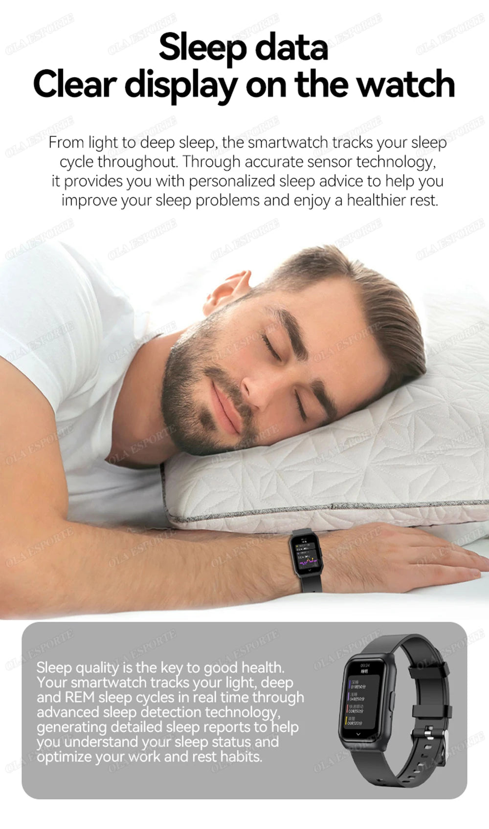 Smart watch with dark screen on wrist, black strap showing sleep data