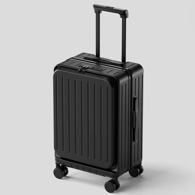Black hard-shell suitcase with telescoping handle and 4 spinner wheels