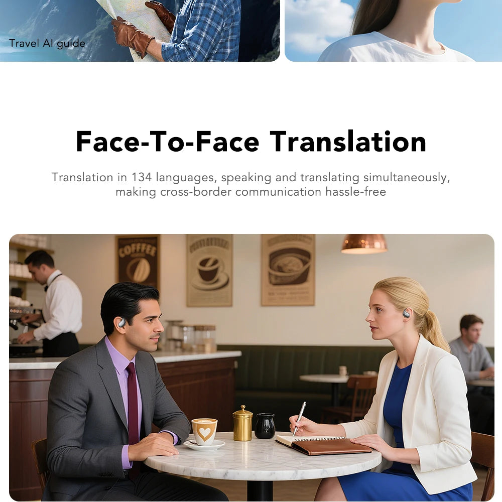 Two people wearing in-ear earbuds during conversation in a cafe