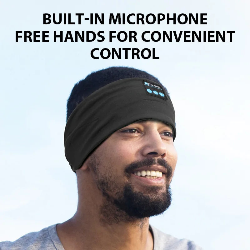 Black sports headband headphones with built-in microphone for calls