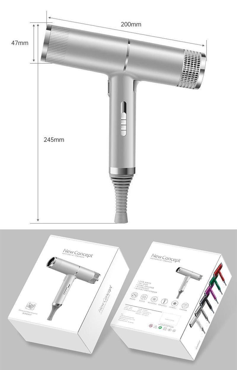 Professional hair dryer with size diagram and included product packaging