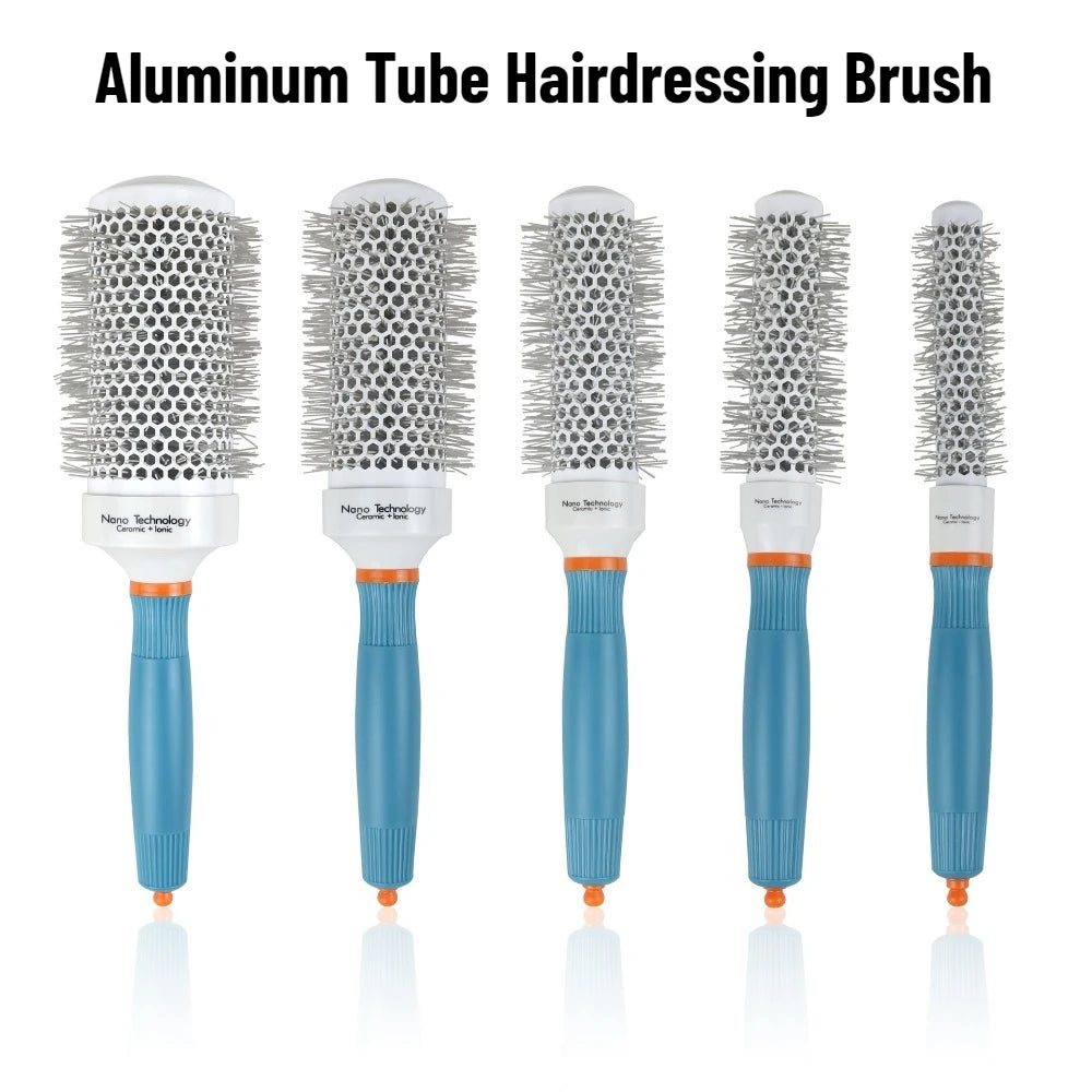 Round barrel hair styling brush with silver bristles, teal grip, and white base