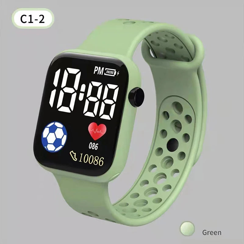Kids LED digital sports watch with mint green silicone strap and black LED display