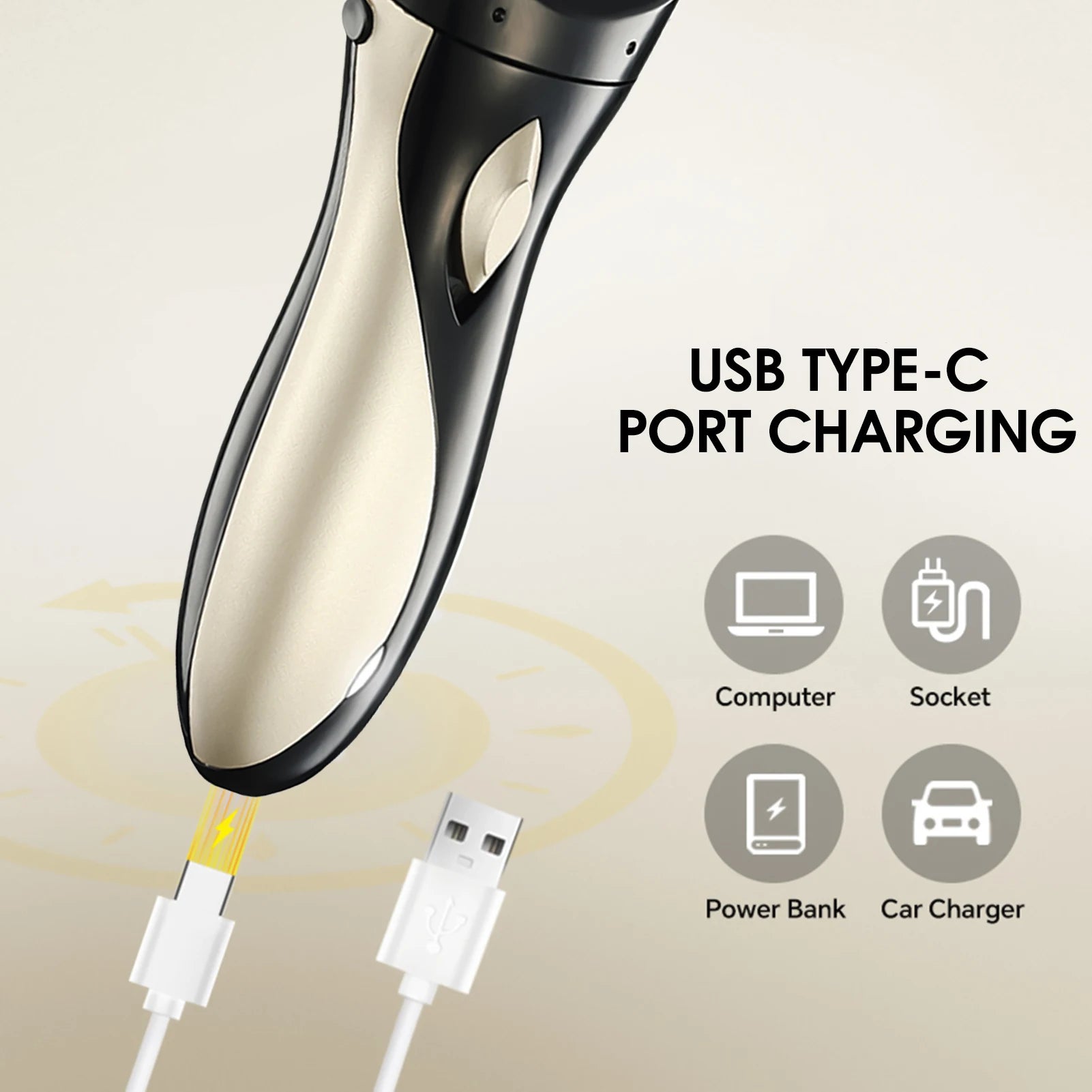 Rechargeable epilator with black and gold body and USB Type-C charging cable