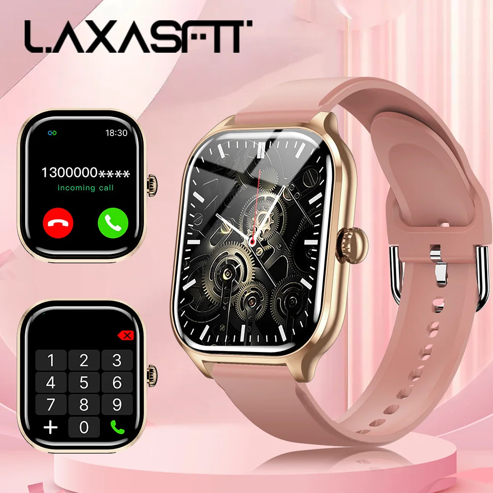 LAXASFIT H9 Pro Max smart watch with pink strap and gold case, Bluetooth call and health monitoring UI.