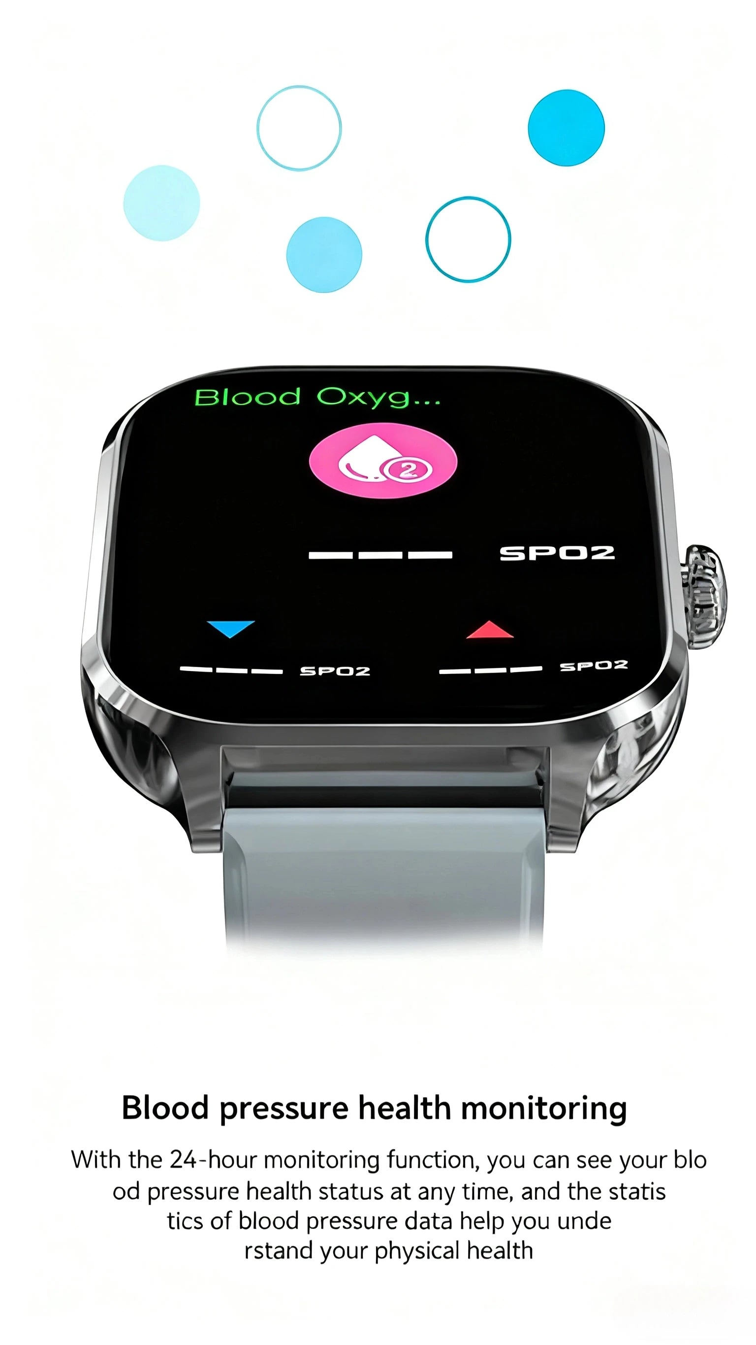 Intelligent health tracking watch showing SpO2 and blood oxygen metrics