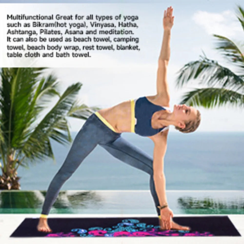 Blue patterned yoga mat towel with dark base on outdoor surface