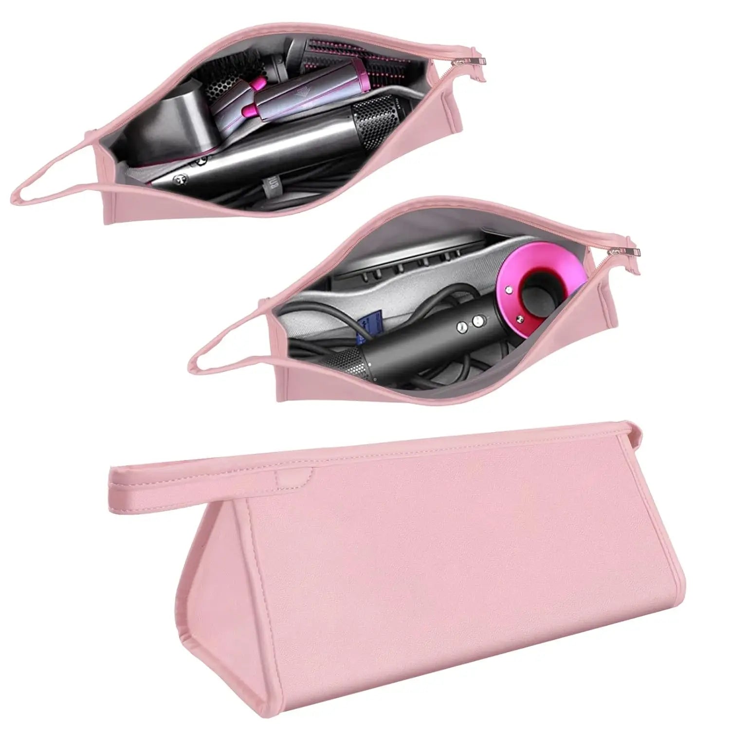Pink travel pouch holding multiple curling and straightening barrel attachments