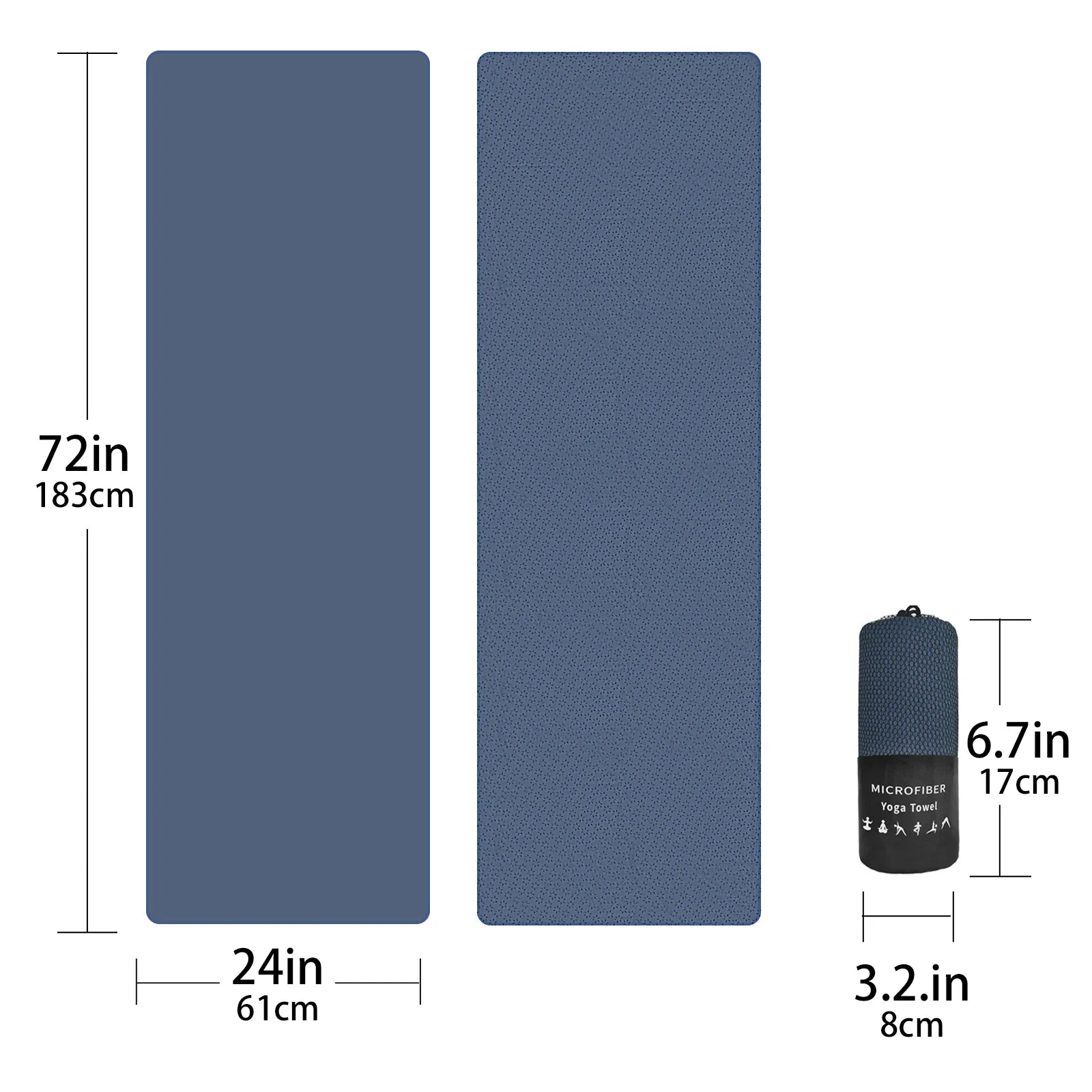 Premium non-slip yoga towel, 183×61 cm blue microfiber with silicone grip and carry bag (2 towels shown)