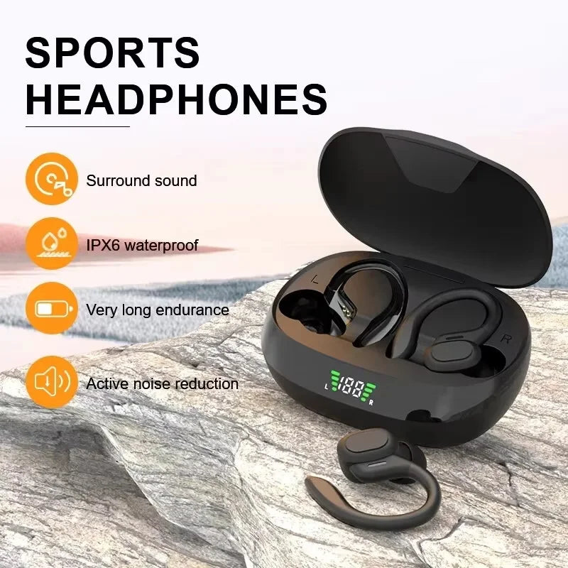 Black ear-hook TWS earbuds in open charging case, LED display visible