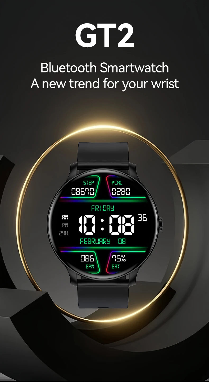 LAXASFIT GT2 smart watch with 1.52-inch HD touchscreen and black strap