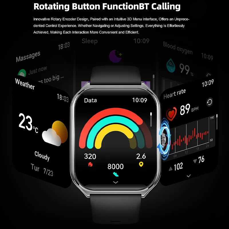 Ultra-thin smart watch screen with colorful data, heart-rate graph, and call notifications