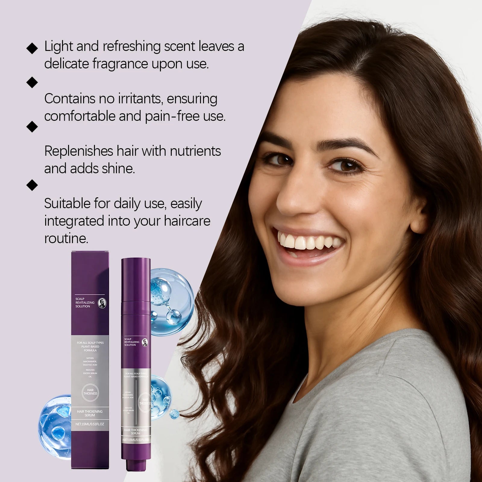Scalp revitalizing serum tube and box with daily use and nutrient benefits