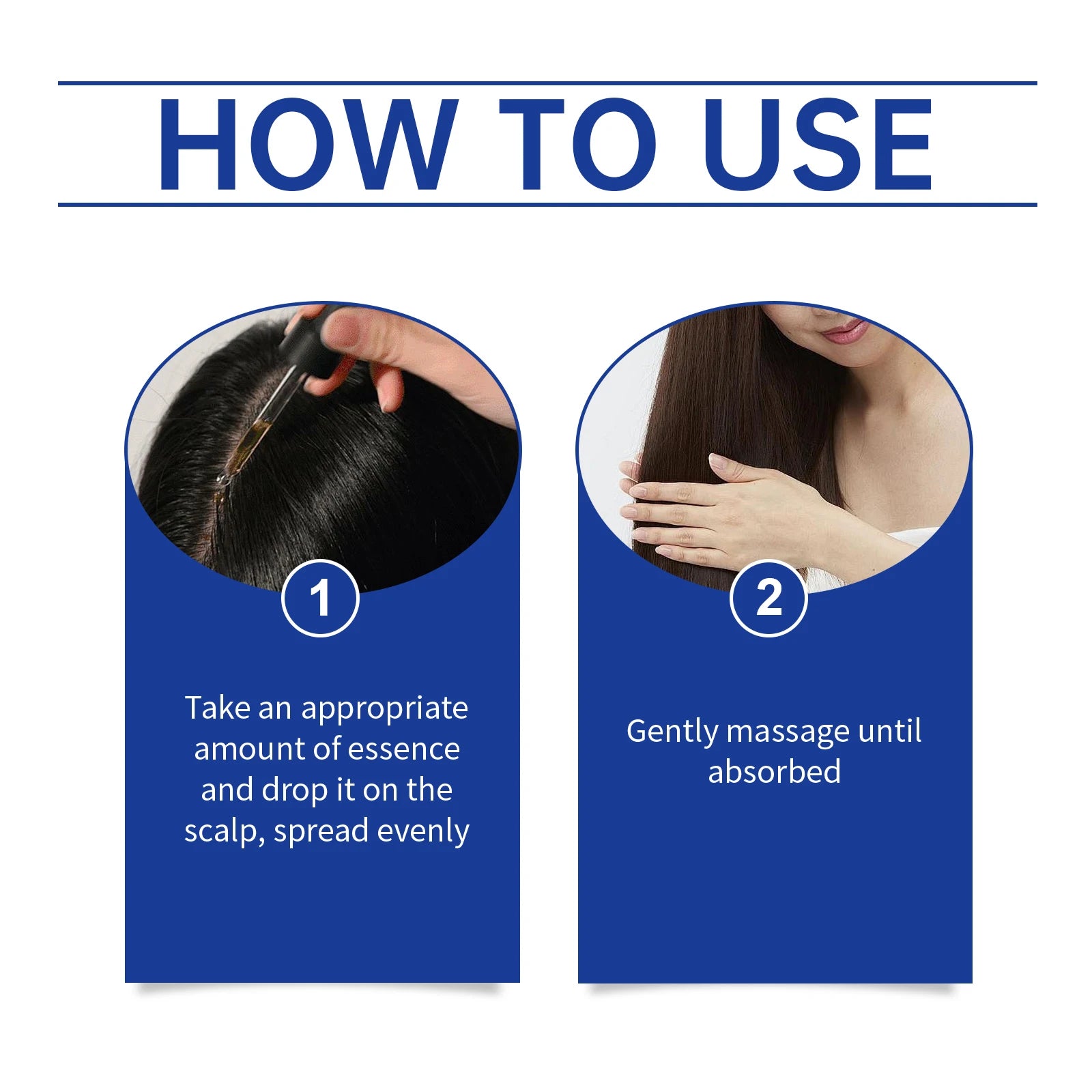 How to use hair serum poster showing step 1 drop onto scalp and step 2 massage