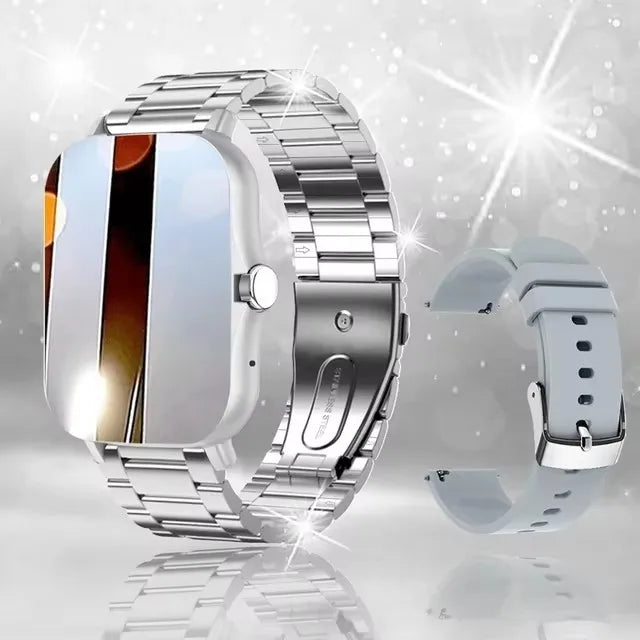 Cedar & Moore smart watch with silver metal band and blue silicone strap, 1.4-inch OLED display