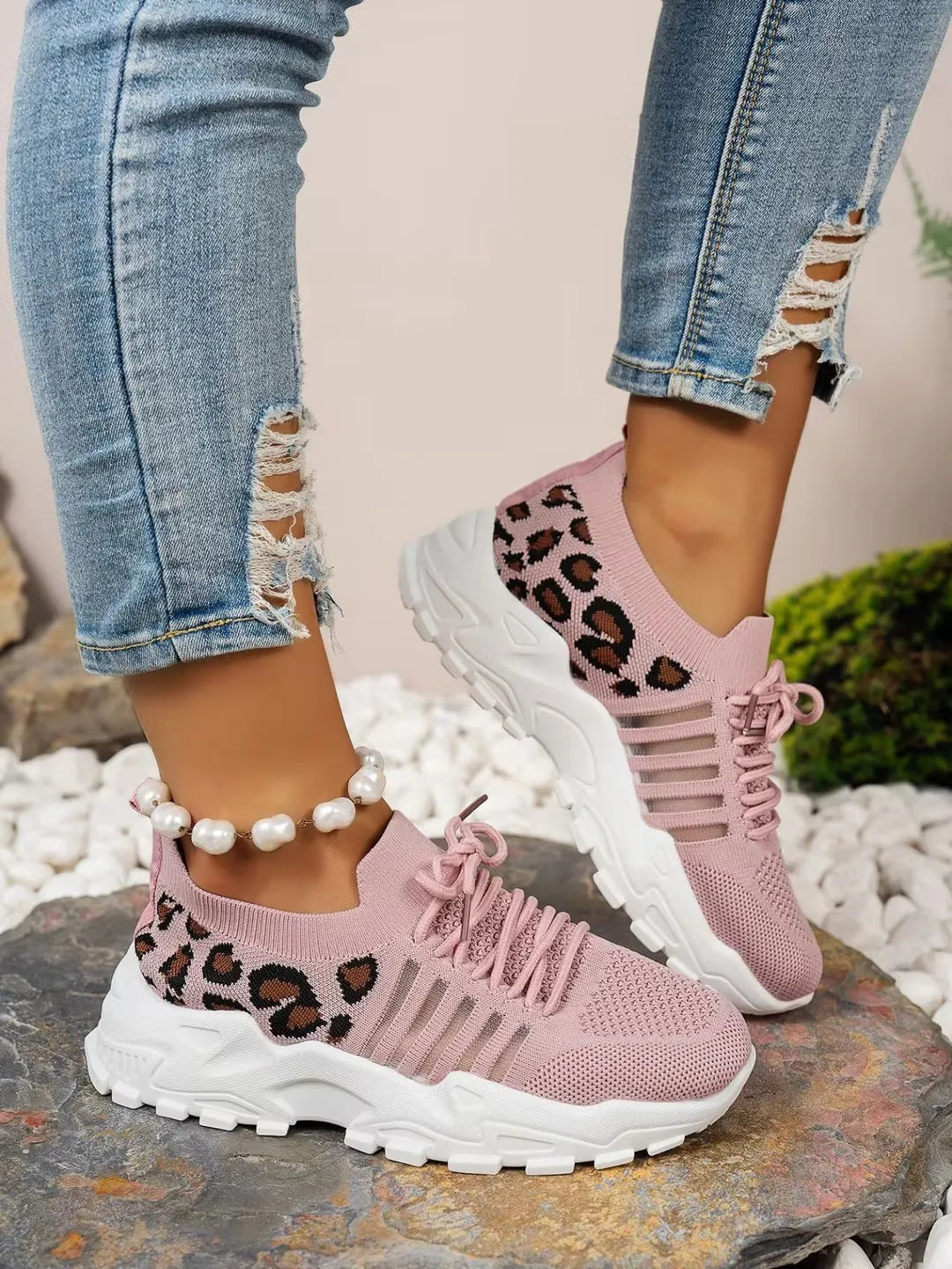 Women's Cedar & Moore leopard print athletic sneakers, pink knit upper, chunky white sole