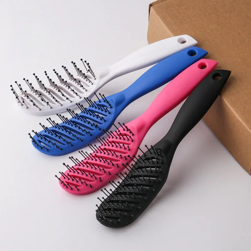 Curved detangling hair brush set with 9-row bristles, blue, pink, black, white handles