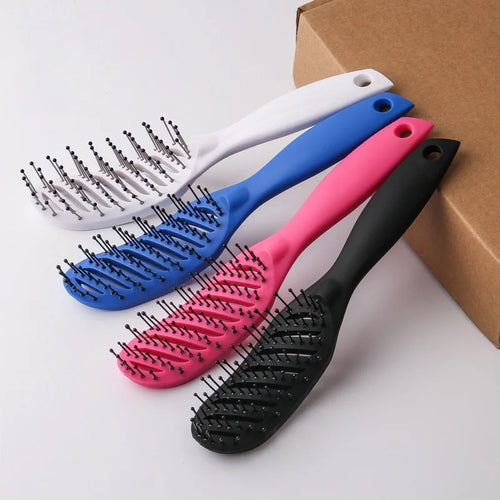 Curved detangling hair brush set with 9-row bristles, blue, pink, black, white handles