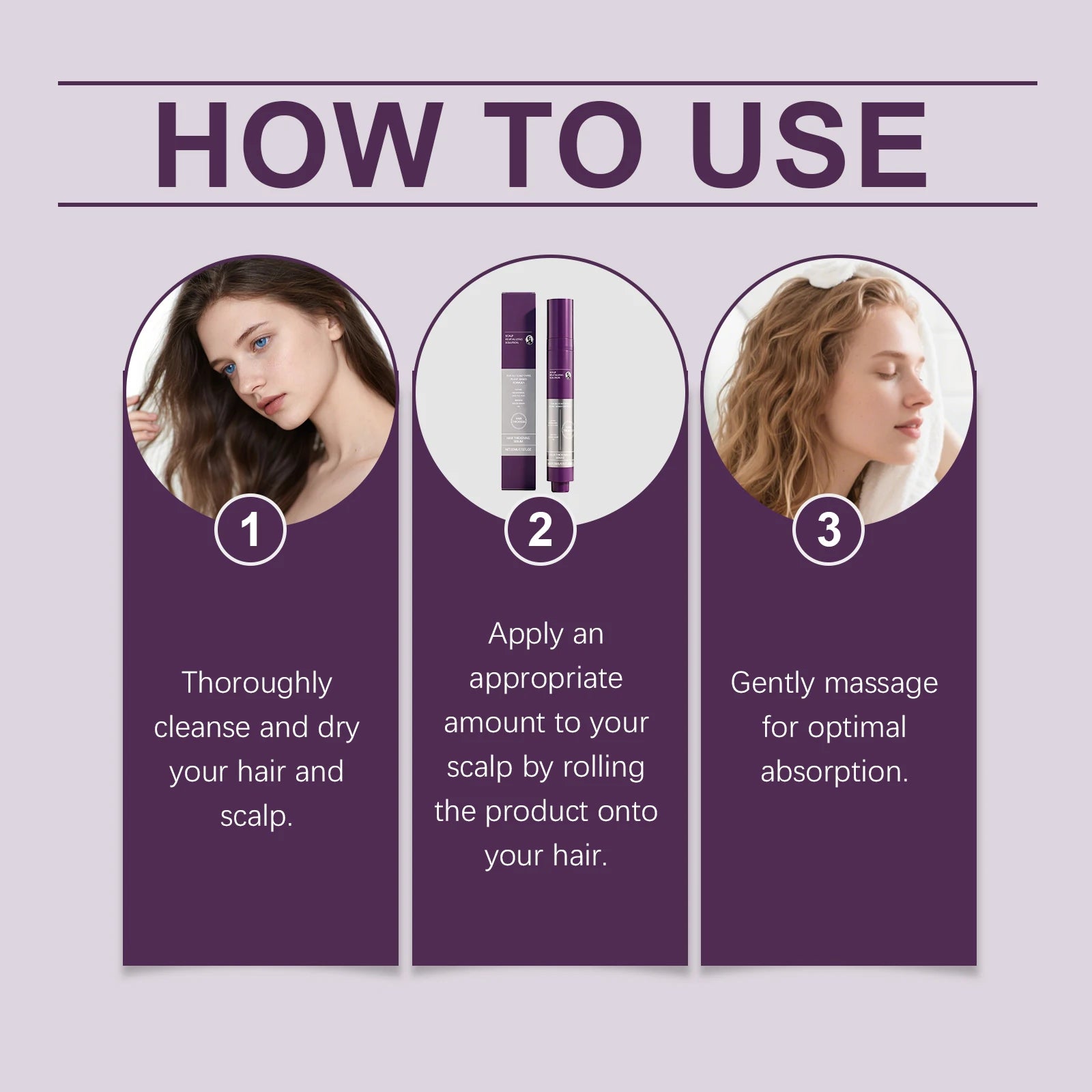Scalp revitalizing serum applicator and three-step use graphic