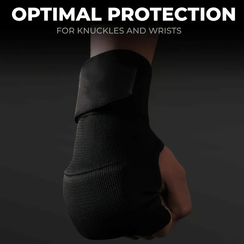 Half-finger MMA gloves with padded knuckles and wrist protection, black