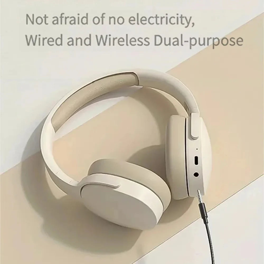 Off-white over-ear headphones with side ports and wired audio cable connection.