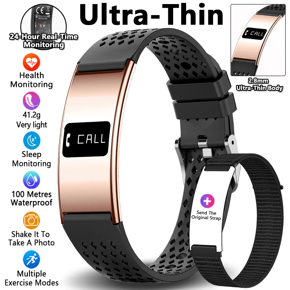 Black ultrathin fitness tracker bracelet with OLED screen and spare black strap