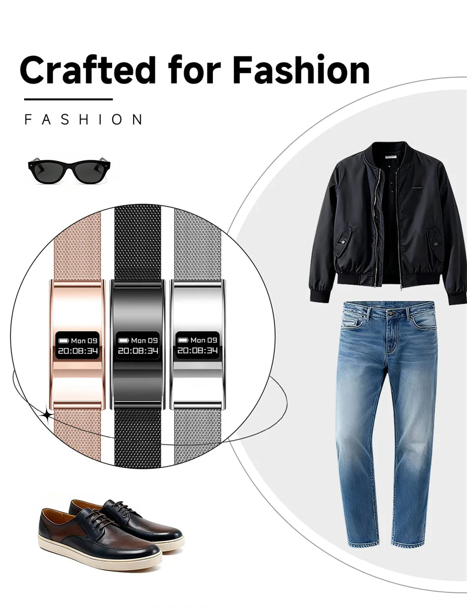 Fashion fitness tracker bracelet set with rose, black, and gray mesh bands