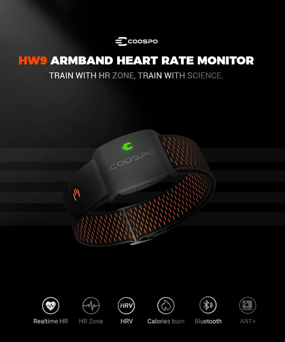 HW9 armband heart rate monitor with glowing green sensor and red perforated band