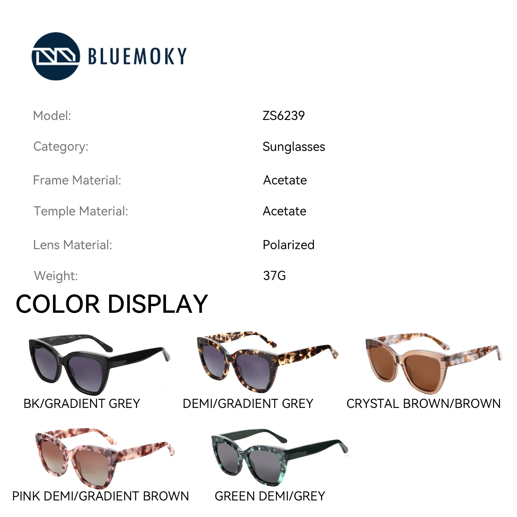 Cat-eye sunglasses color chart showing multiple frame and lens color options