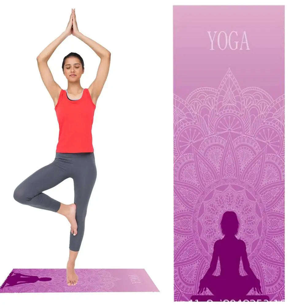Mat-Sized Yoga Towel by Cedar & Moore, non-slip microfiber, pink-purple gradient with mandala design for hot yoga and Pilates.
