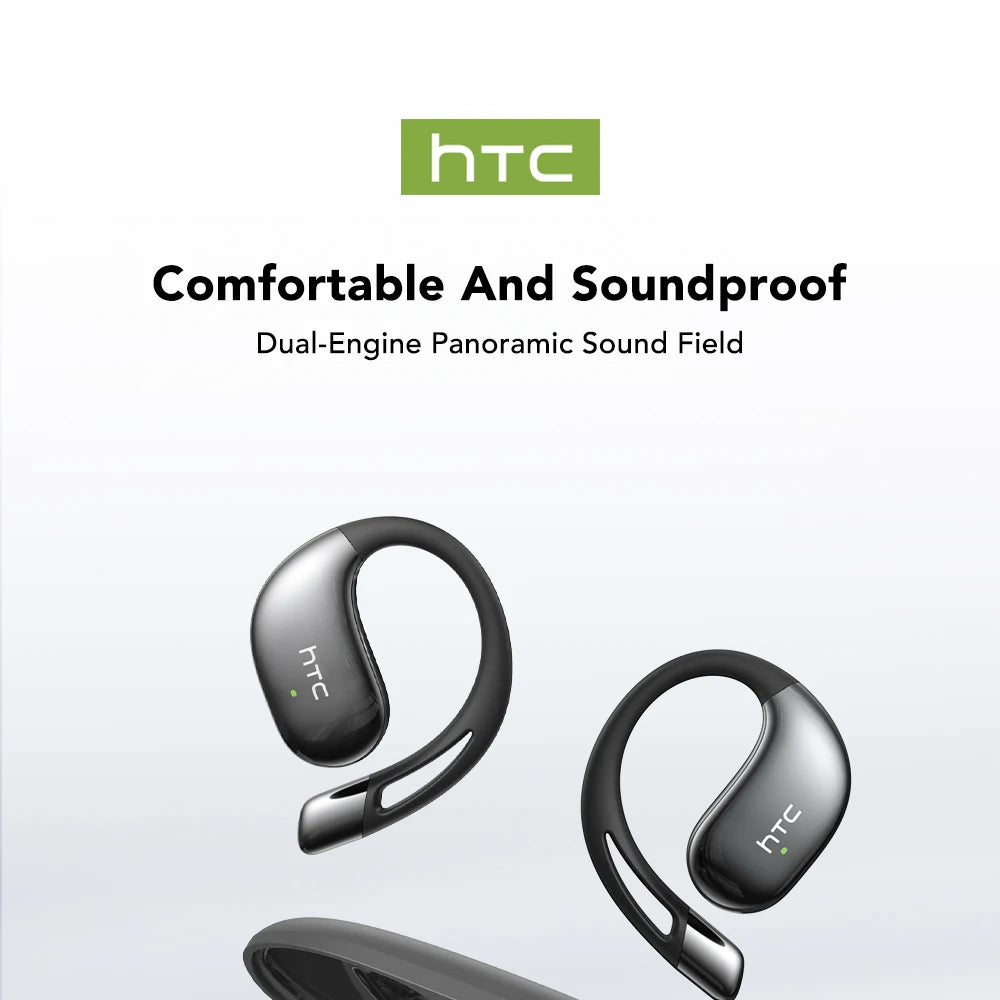 Black wireless earbuds with ergonomic curved fit, dual-earbud design
