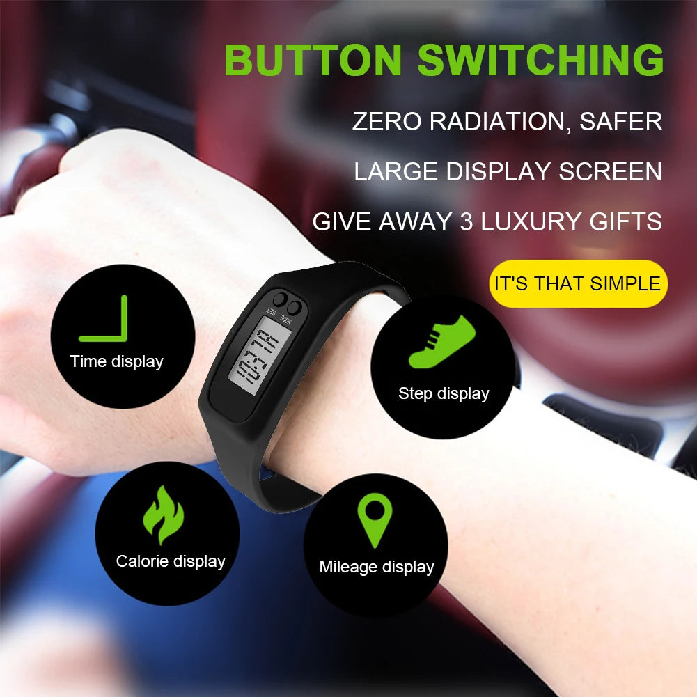 LED Pedometer Bracelet - Step Counter Watch with Calorie Tracker & 12/24H Display