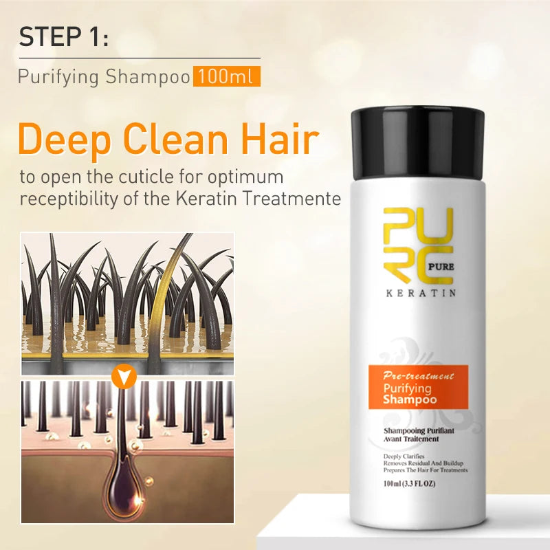 Purifying shampoo bottle with a step label and deep-clean hair graphic.