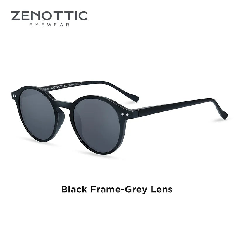 Small round retro polarized sunglasses, black frame, grey lenses