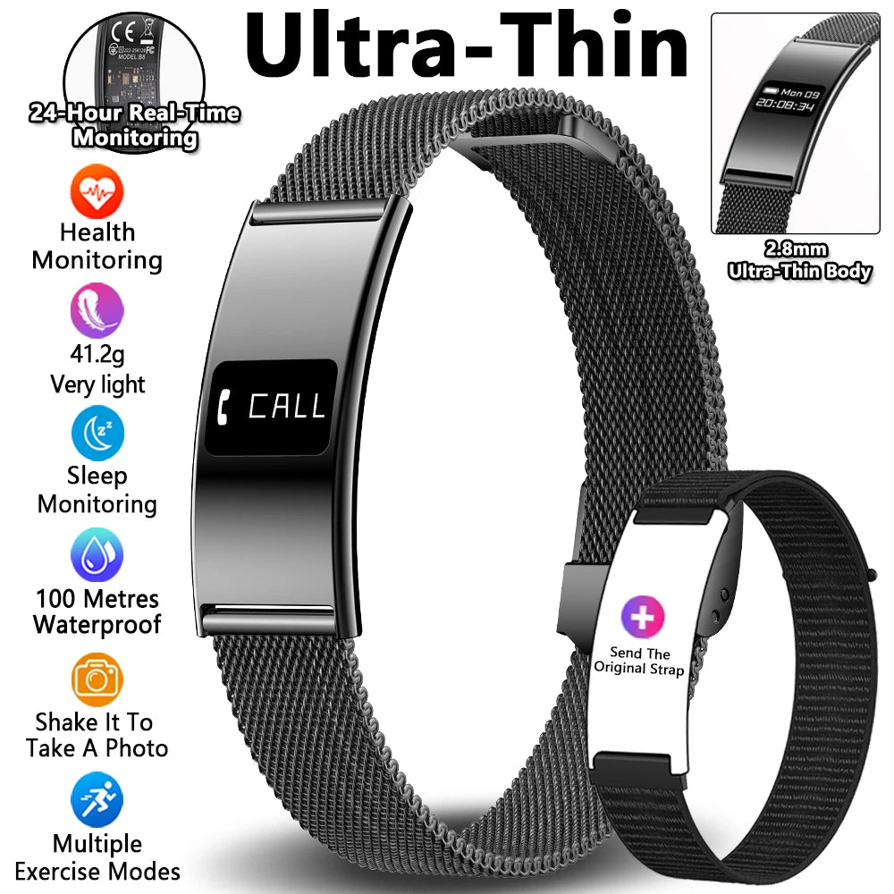 Smart fitness tracker bracelet with dark metal mesh band, shown front side