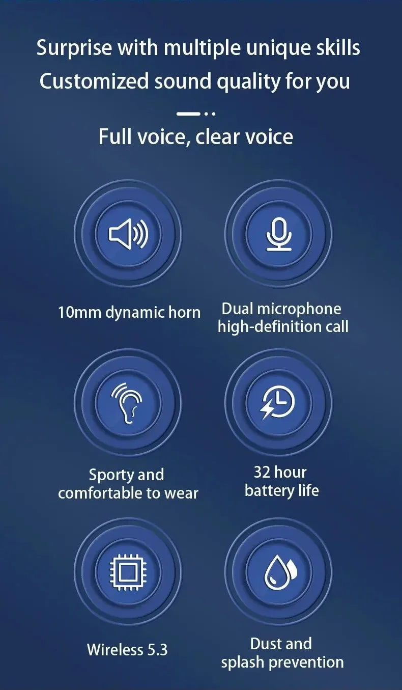Wireless earbuds feature icons: dual microphone, battery life, wireless 5.3