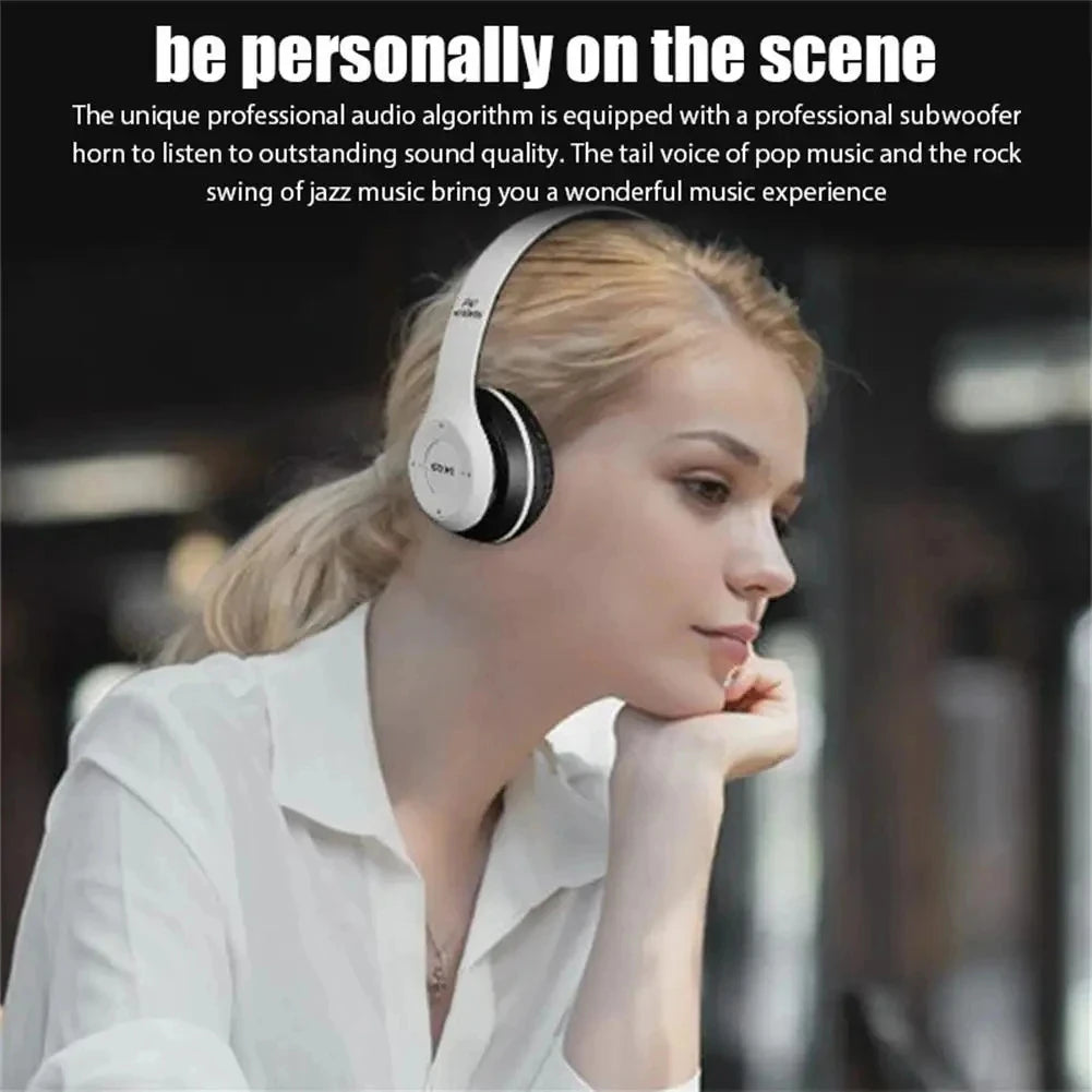P47 Wireless Bluetooth Headphones, white foldable over-ear headset with black ear cups by Cedar & Moore