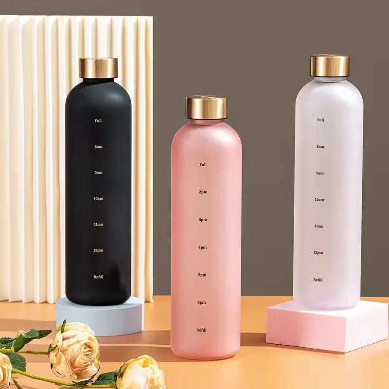 1 Liter Motivational Water Bottle with Time Markers - Sports Hydration Tracker