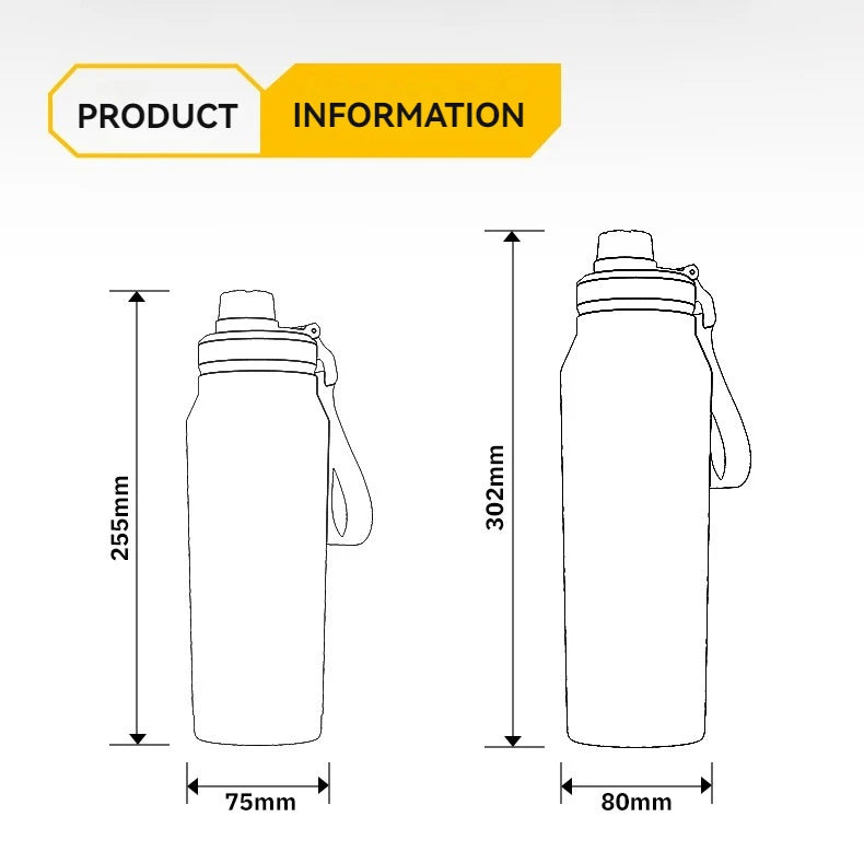 Insulated bottle dimensions diagram with two side views and carry handle