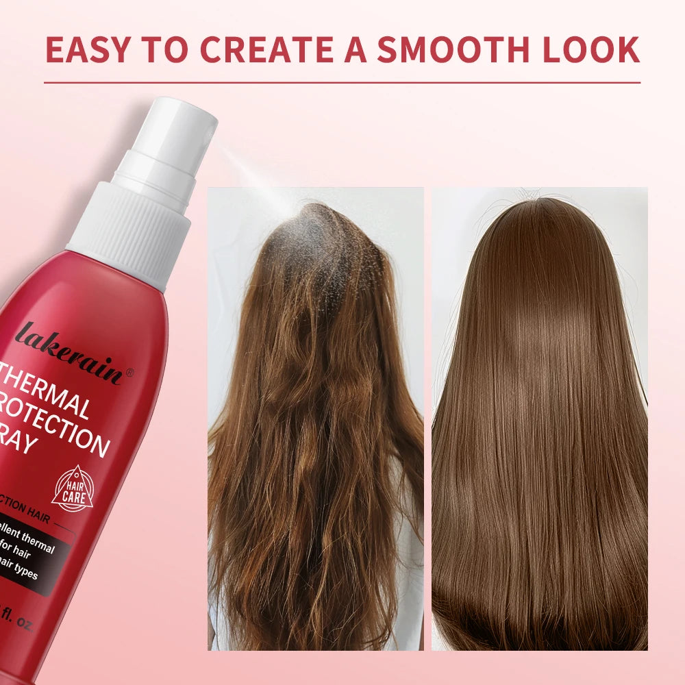 Red Lakerain Heat Protectant Spray by Cedar & Moore; thermal & UV protection for hair, before/after panels (2).