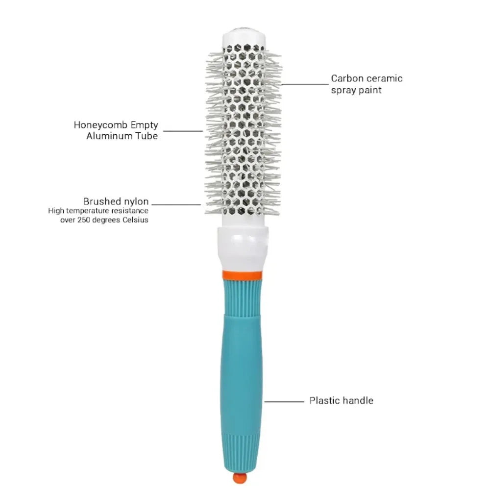 Round barrel hair brush with honeycomb aluminum tube, silver bristles, and teal plastic handle