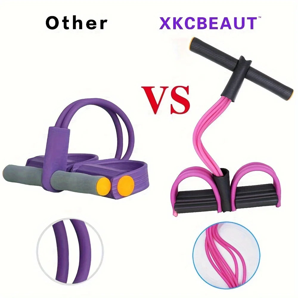 Purple and pink resistance band sets with black handles and gray non-slip pedals