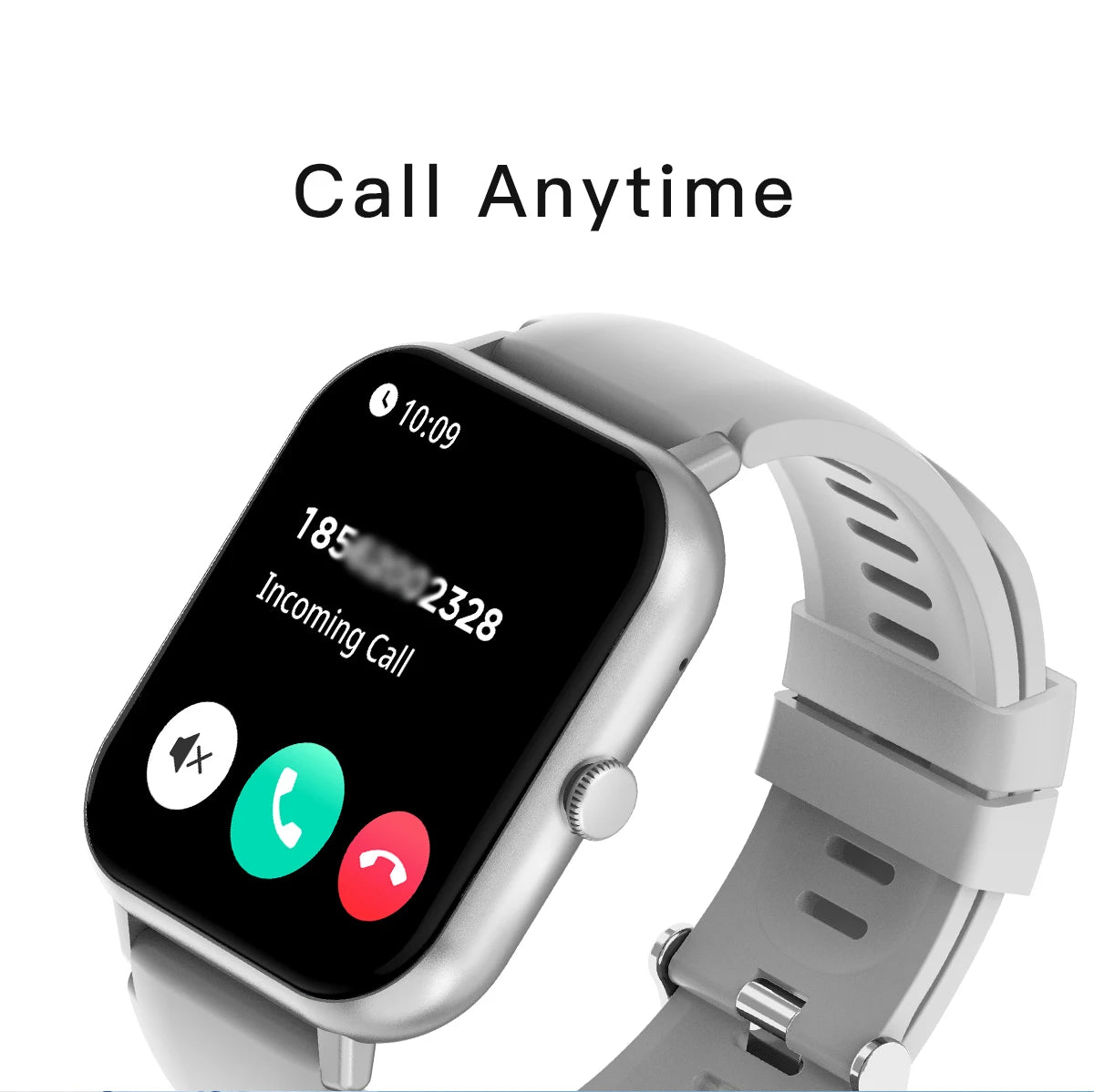 Digital smartwatch with gray strap and call notifications on black screen