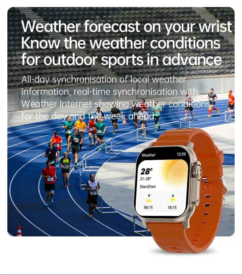 Smart watch with orange silicone strap, showing weather forecast details on screen.