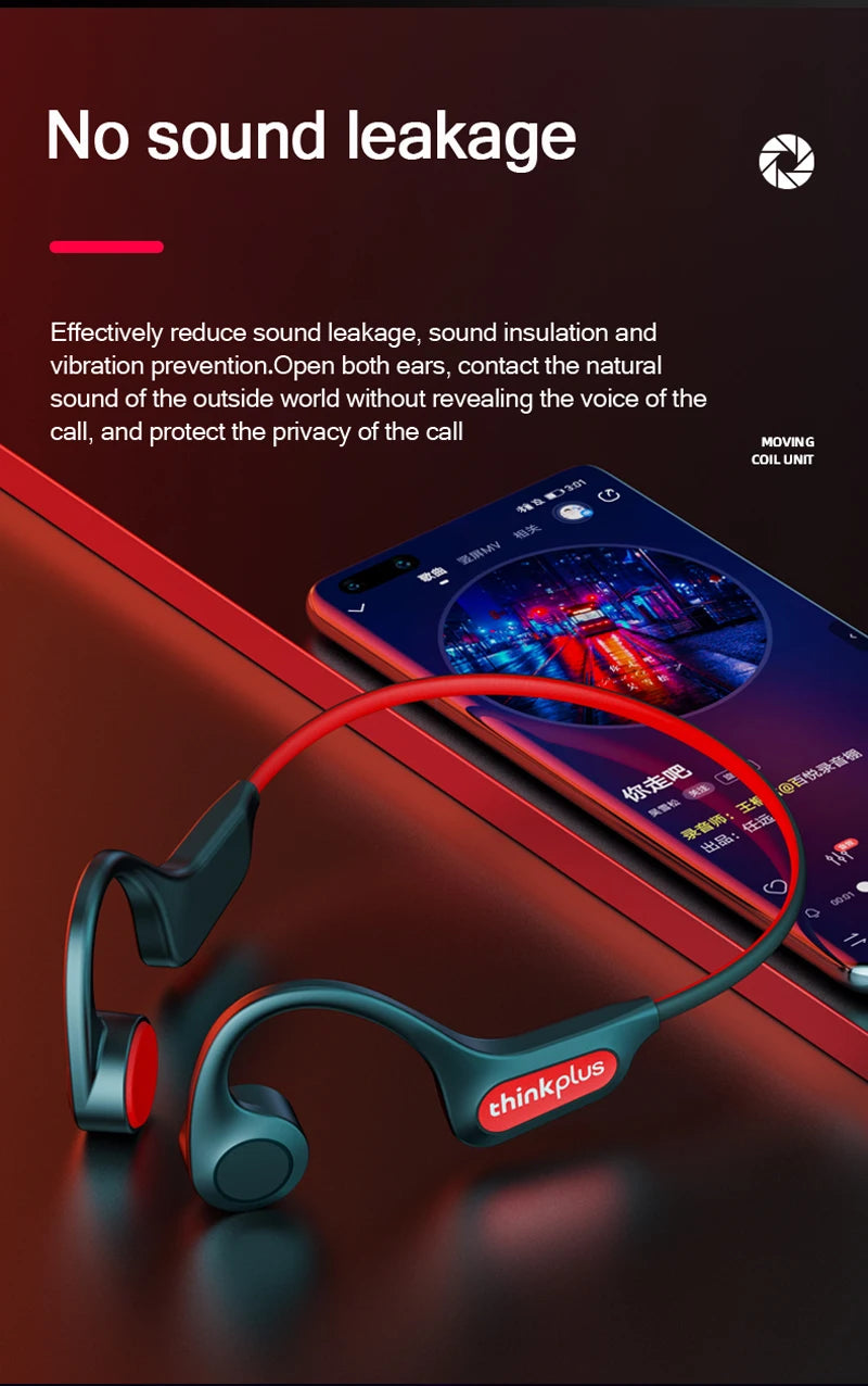 Bone conduction sports headphones with teal ear pieces and red cable