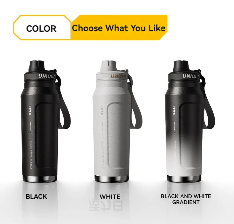 Insulated sports bottles in black, white, and black/white gradient with carry handles